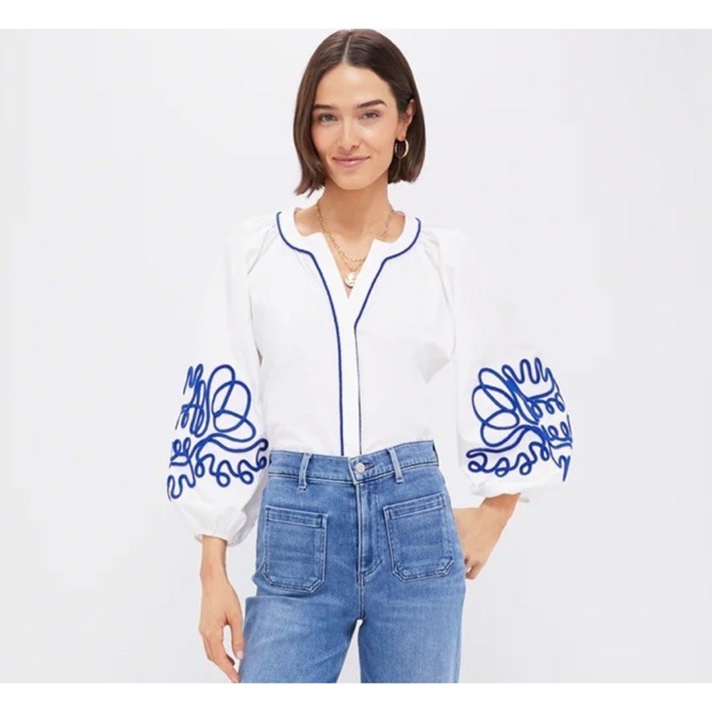 Tuckernuck Hyacinth House Stella Blouse Royal Blue Soutache Sleeve White Top XL